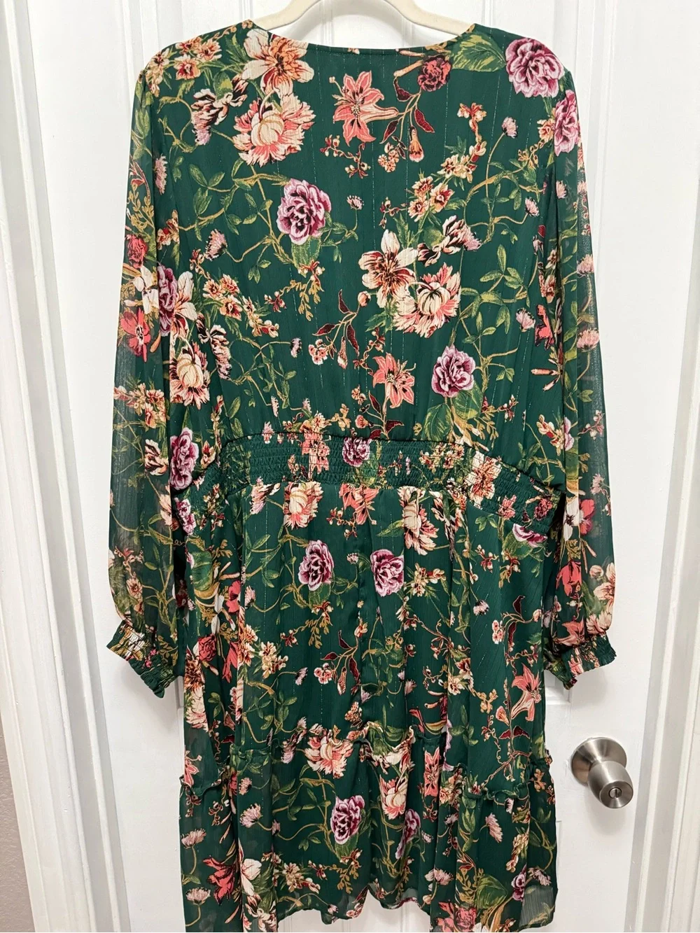 Maurices Womens 3X Green Pink Floral V-Neck Long Sleeve Ruffle Dress (G-8)